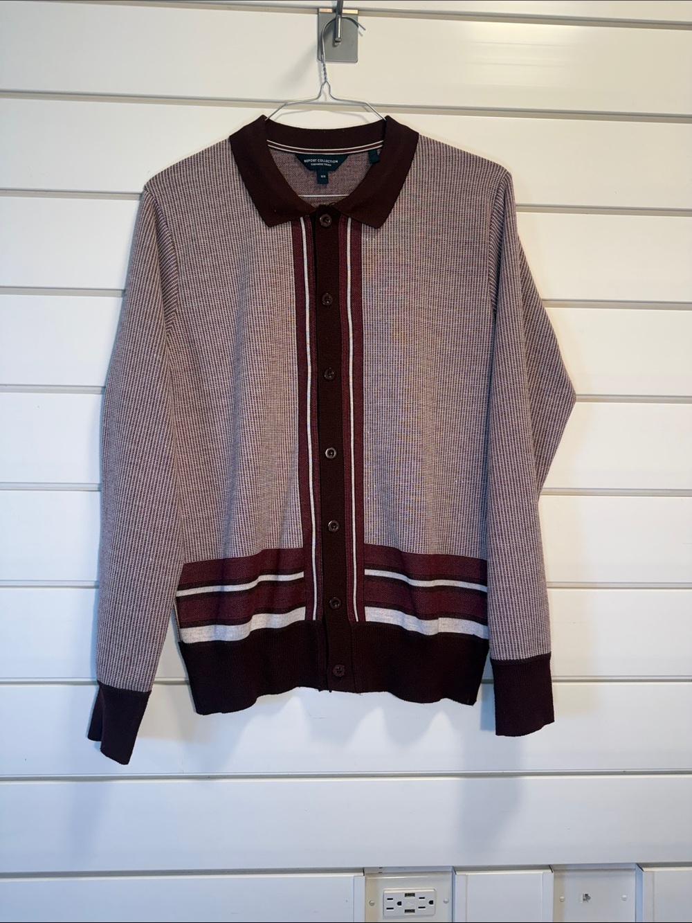 Report Collection Men's Burgundy and Beige Polo-Button Cardigan